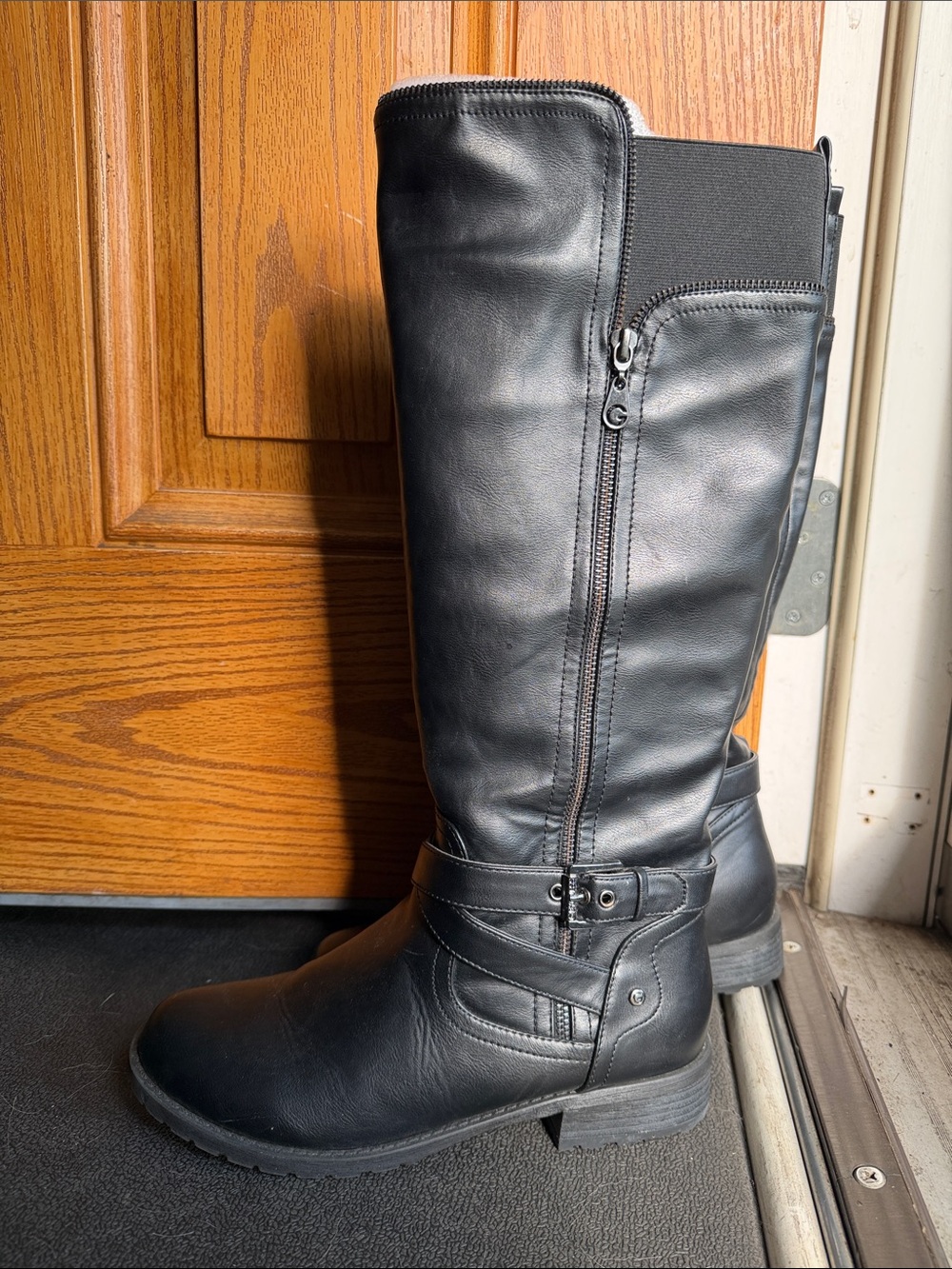 G by Guess Black Leather Knee-High Buckle Riding Boots